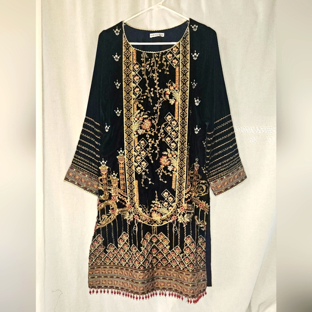 VTG Baroque Wedding Kurta Navy Blue Velvet Gold Red Embroidred Formal Tunic Sz L